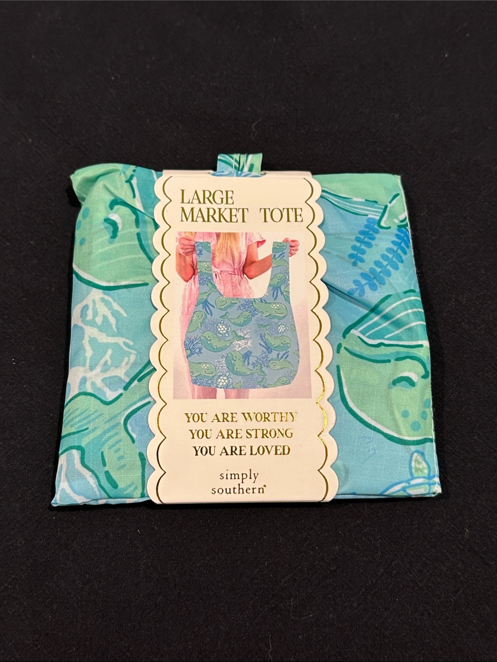 Simply Southern Teal & Aqua Floral Whale Folding Market Tote